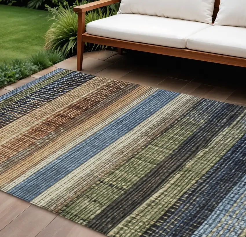 Blue And Brown Striped Washable Indoor Outdoor Area Rug Photo 2