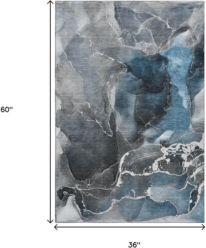 Blue And Charcoal Abstract Washable Area Rug With UV Protection Photo 3