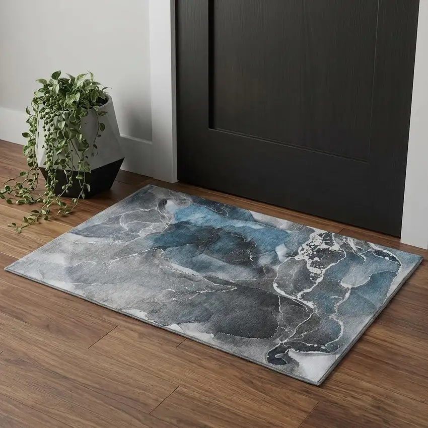 Blue And Charcoal Abstract Washable Area Rug With UV Protection Photo 1