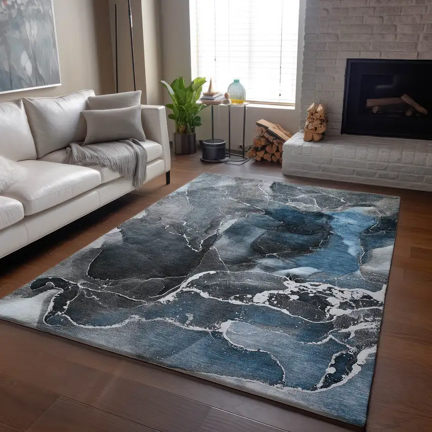 Blue And Charcoal Abstract Washable Area Rug With UV Protection Photo 8