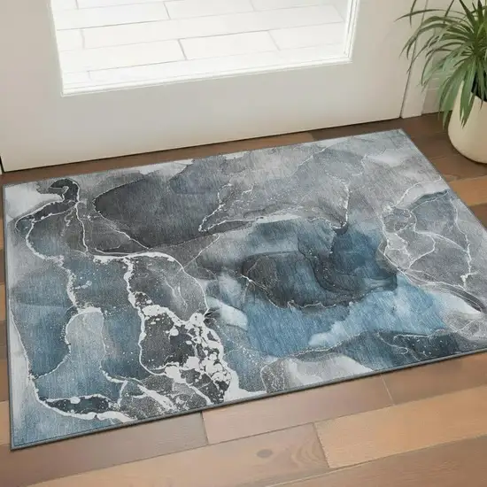 Blue And Charcoal Abstract Washable Area Rug With UV Protection Photo 1