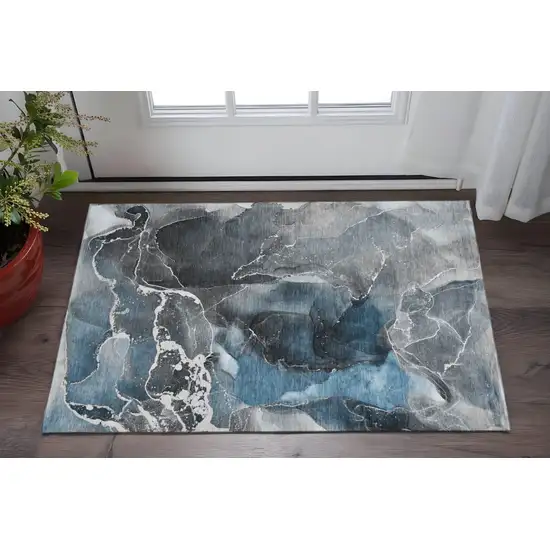 Blue And Charcoal Abstract Washable Area Rug With UV Protection Photo 2