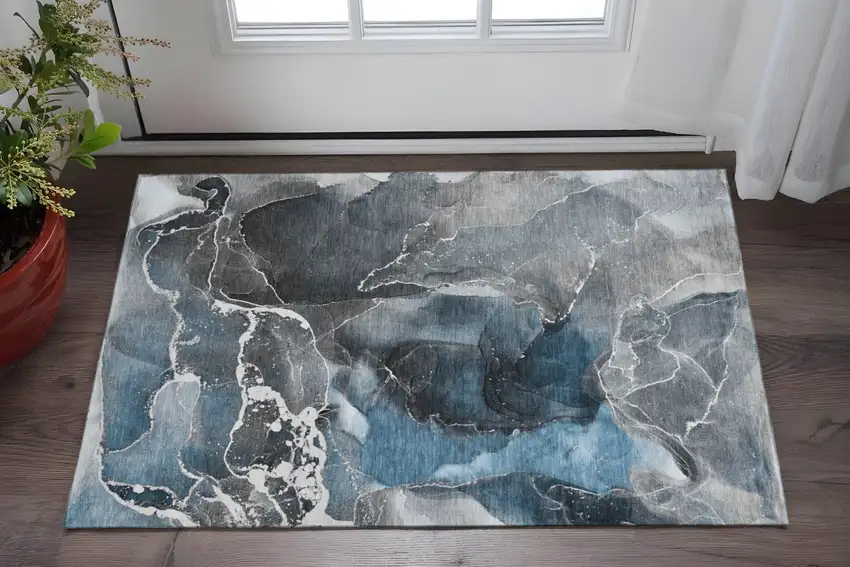 Blue And Charcoal Abstract Washable Area Rug With UV Protection Photo 2