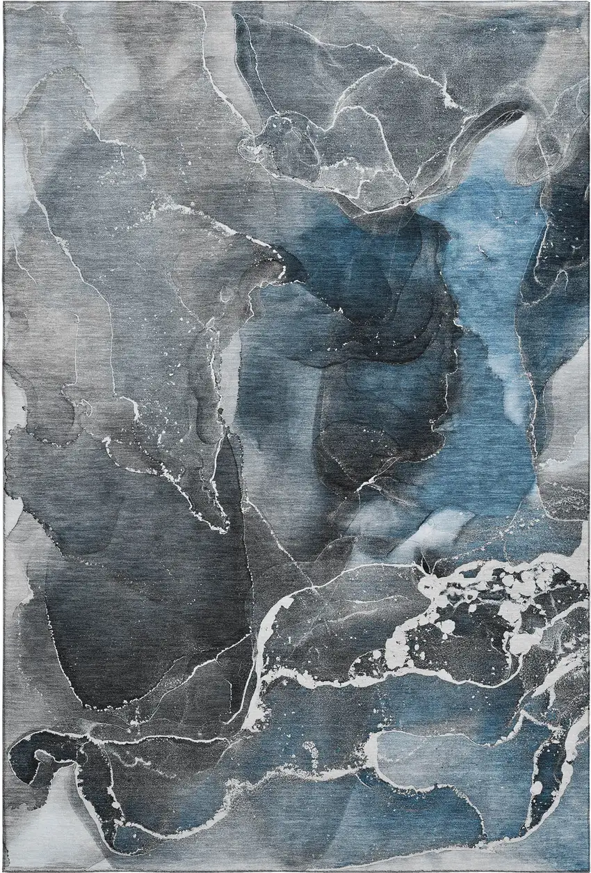 Blue And Charcoal Abstract Washable Area Rug With UV Protection Photo 2