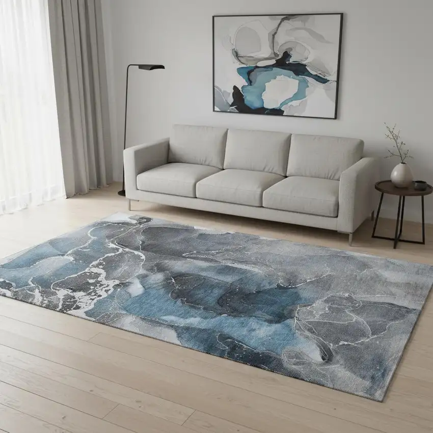 Blue And Charcoal Abstract Washable Area Rug With UV Protection Photo 2