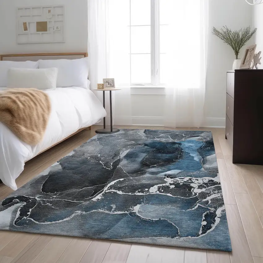 Blue And Charcoal Abstract Washable Area Rug With UV Protection Photo 5