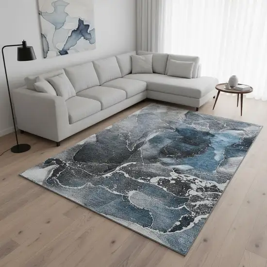 Blue And Charcoal Abstract Washable Area Rug With UV Protection Photo 2