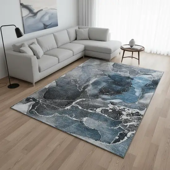 Blue And Charcoal Abstract Washable Area Rug With UV Protection Photo 2