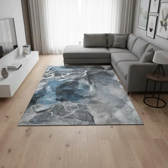 Blue And Charcoal Abstract Washable Area Rug With UV Protection Photo 2