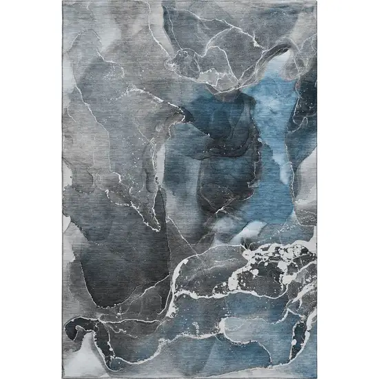 Blue And Charcoal Abstract Washable Area Rug With UV Protection Photo 1