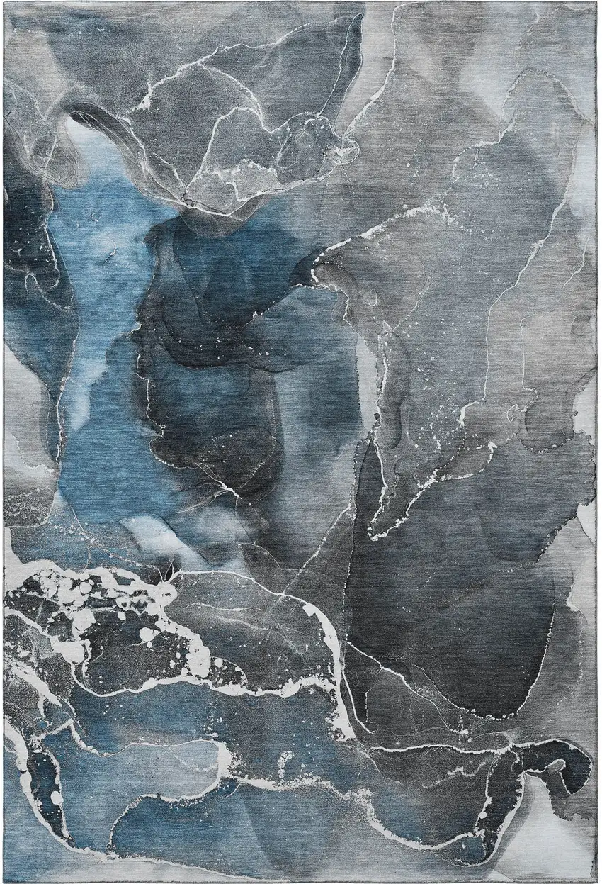 Blue And Charcoal Abstract Washable Area Rug With UV Protection Photo 4