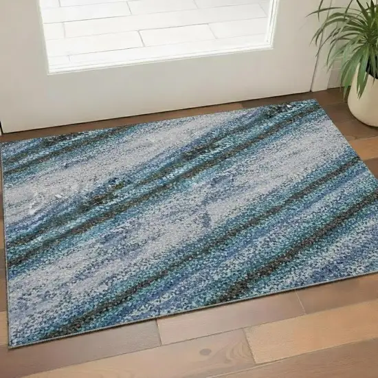 Blue And Charcoal Abstract Washable Area Rug With UV Protection Photo 2
