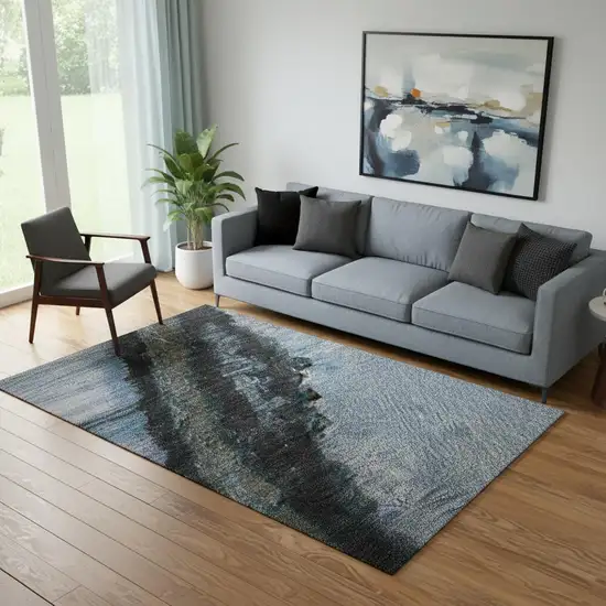 Blue And Charcoal Abstract Washable Area Rug With UV Protection Photo 2