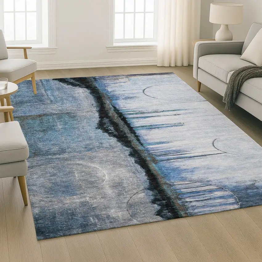 Blue And Charcoal Abstract Washable Area Rug With UV Protection Photo 6