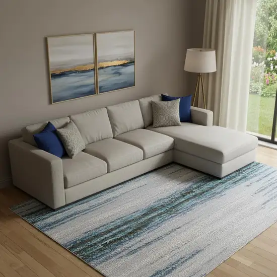 Blue And Charcoal Abstract Washable Area Rug With UV Protection Photo 2