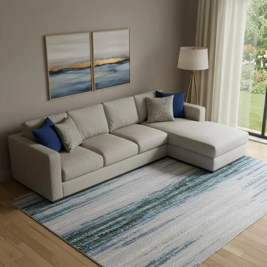 Blue And Charcoal Abstract Washable Area Rug With UV Protection Photo 2