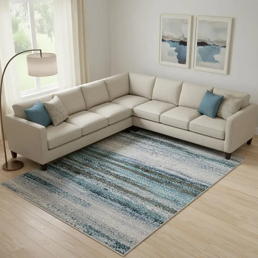 Blue And Charcoal Abstract Washable Area Rug With UV Protection Photo 2