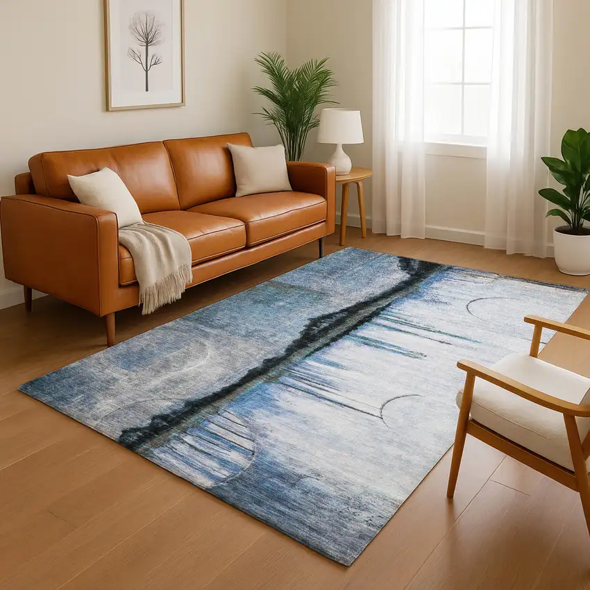 Blue And Charcoal Abstract Washable Area Rug With UV Protection Photo 5
