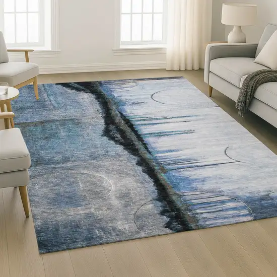 Blue And Charcoal Abstract Washable Area Rug With UV Protection Photo 6