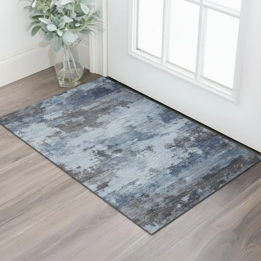 Blue And Charcoal Abstract Washable Area Rug With UV Protection Photo 2
