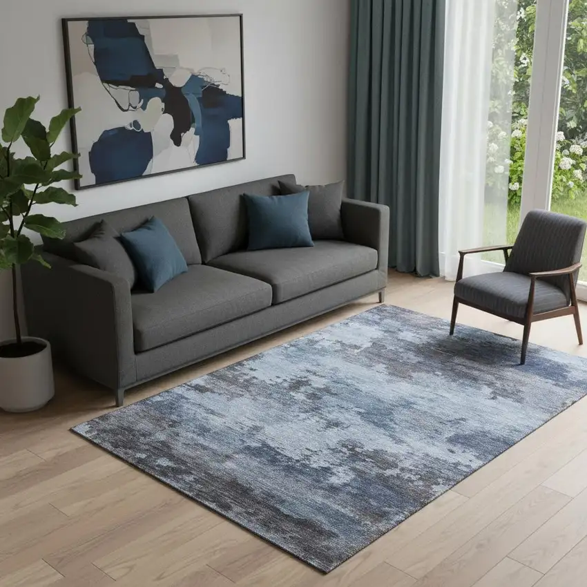 Blue And Charcoal Abstract Washable Area Rug With UV Protection Photo 2