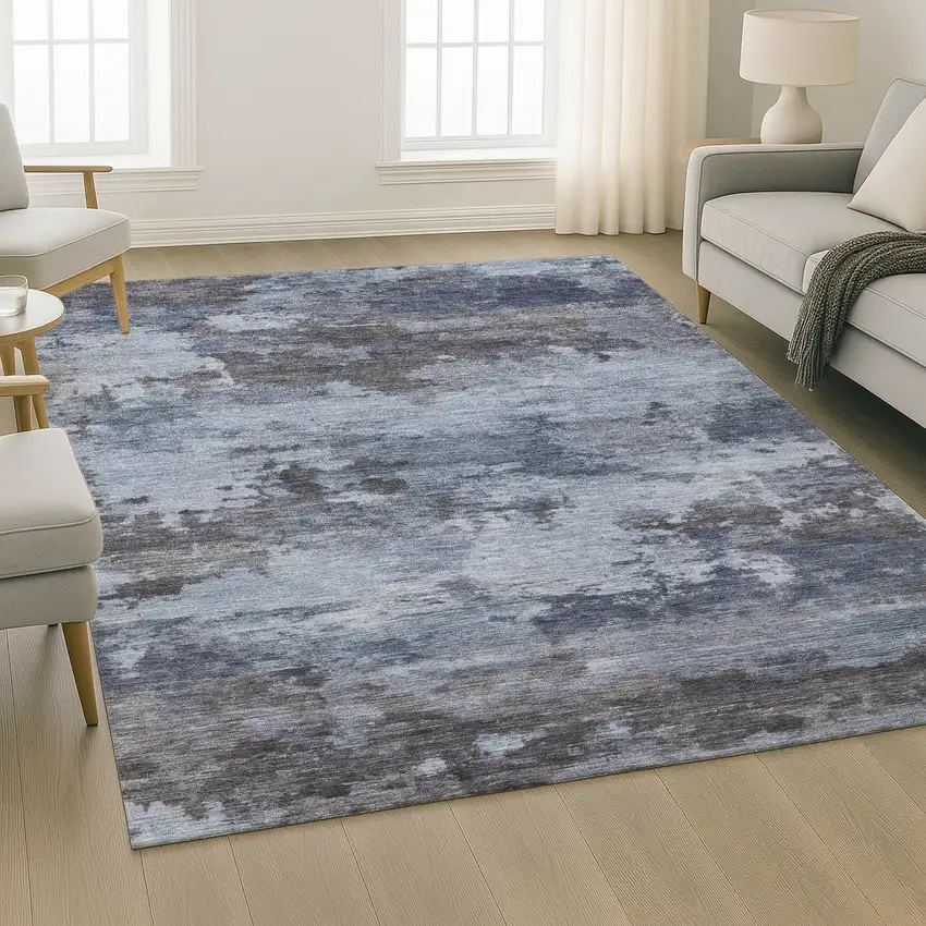Blue And Charcoal Abstract Washable Area Rug With UV Protection Photo 6