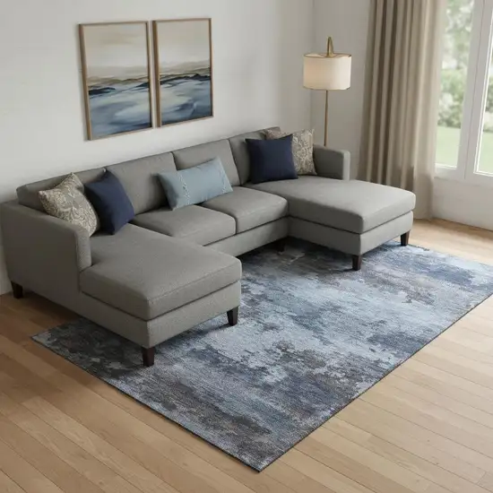 Blue And Charcoal Abstract Washable Area Rug With UV Protection Photo 2