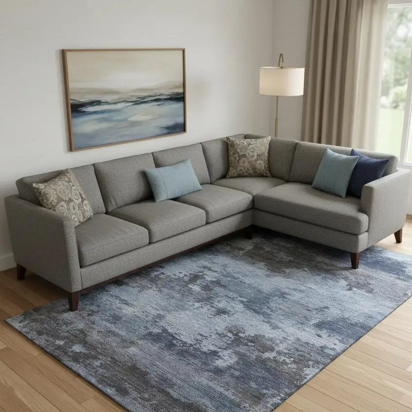 Blue And Charcoal Abstract Washable Area Rug With UV Protection Photo 2