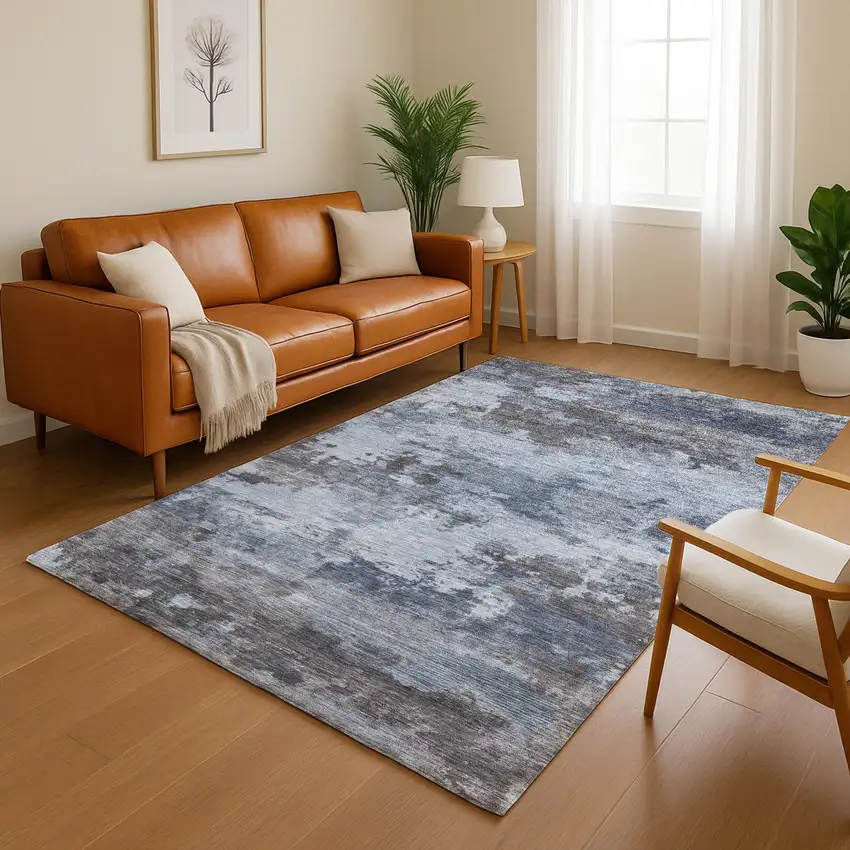 Blue And Charcoal Abstract Washable Area Rug With UV Protection Photo 4
