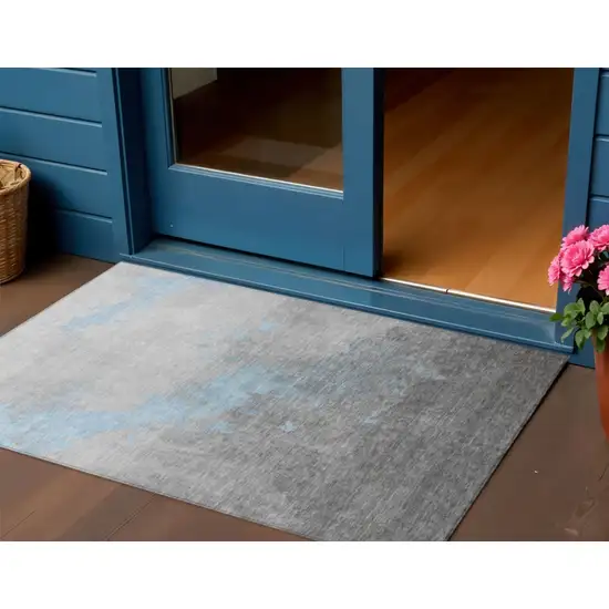 Blue And Charcoal Abstract Washable Indoor Outdoor Area Rug Photo 2