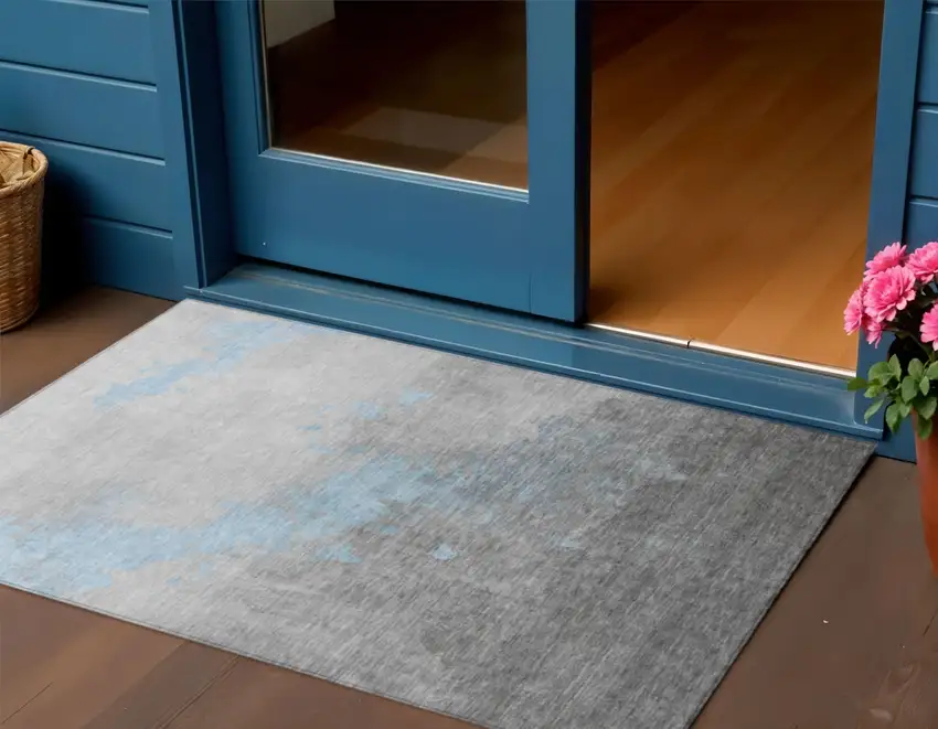 Blue And Charcoal Abstract Washable Indoor Outdoor Area Rug Photo 2