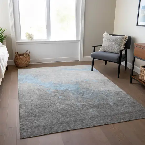 Blue And Charcoal Abstract Washable Indoor Outdoor Area Rug Photo 7