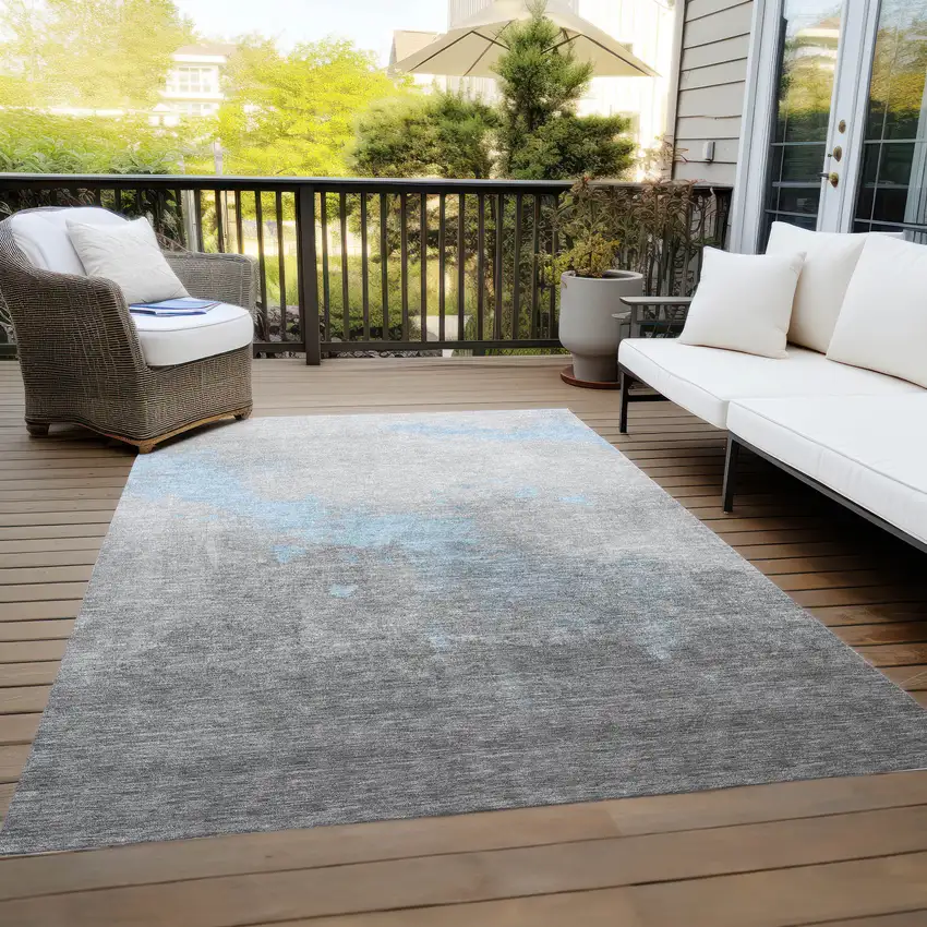 Blue And Charcoal Abstract Washable Indoor Outdoor Area Rug Photo 8