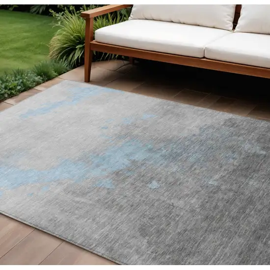 Blue And Charcoal Abstract Washable Indoor Outdoor Area Rug Photo 2