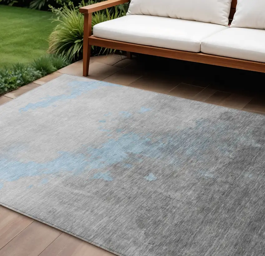 Blue And Charcoal Abstract Washable Indoor Outdoor Area Rug Photo 2