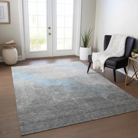 Blue And Charcoal Abstract Washable Indoor Outdoor Area Rug Photo 6