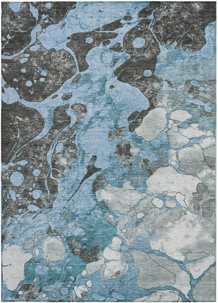 Blue And Charcoal Abstract Washable Indoor Outdoor Area Rug Photo 3