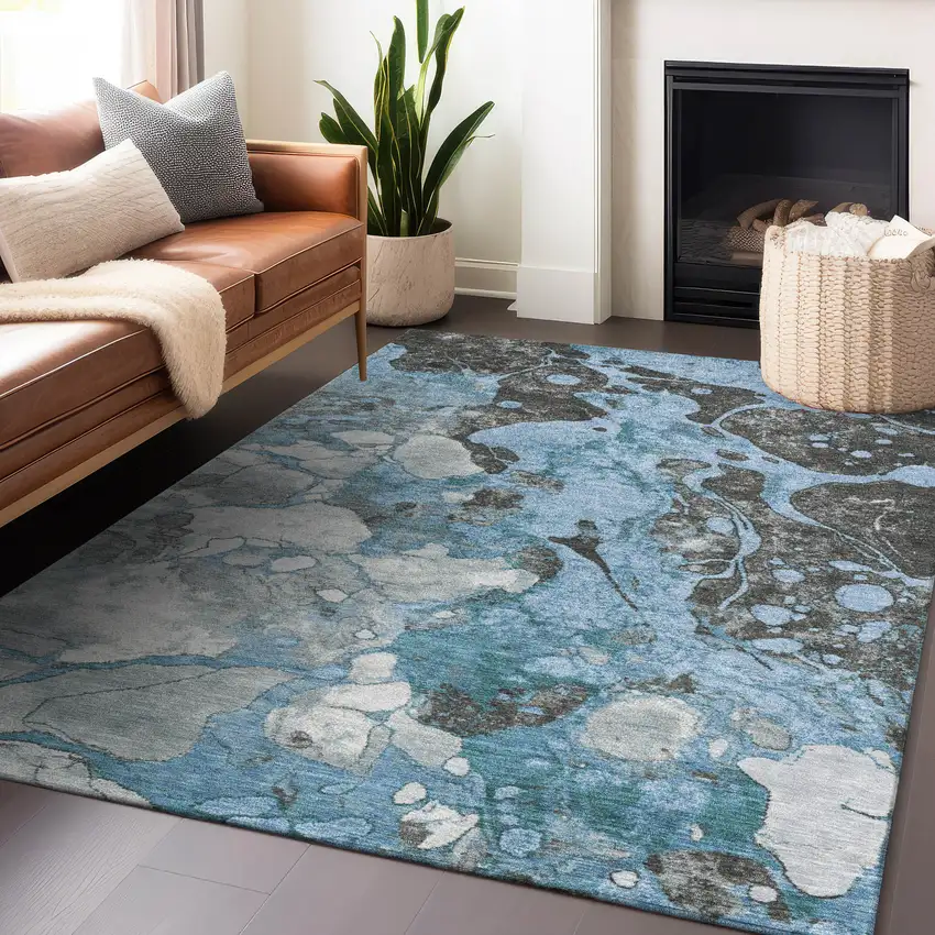 Blue And Charcoal Abstract Washable Indoor Outdoor Area Rug Photo 6
