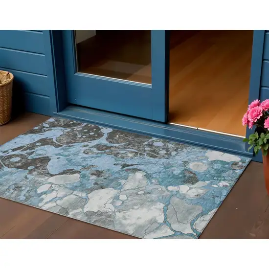 Blue And Charcoal Abstract Washable Indoor Outdoor Area Rug Photo 2
