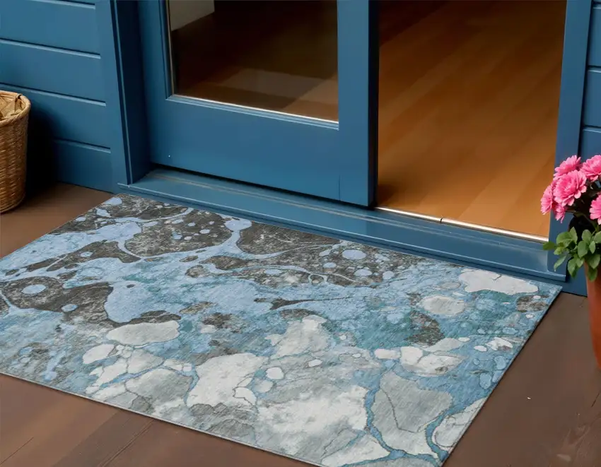 Blue And Charcoal Abstract Washable Indoor Outdoor Area Rug Photo 2