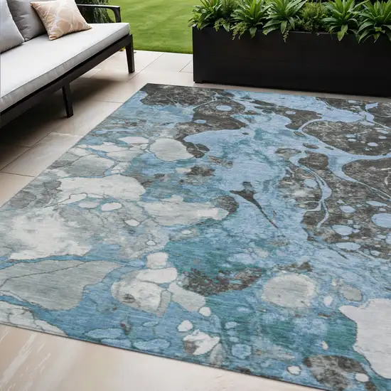 Blue And Charcoal Abstract Washable Indoor Outdoor Area Rug Photo 2