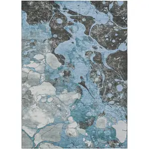Photo of Blue And Charcoal Abstract Washable Indoor Outdoor Area Rug