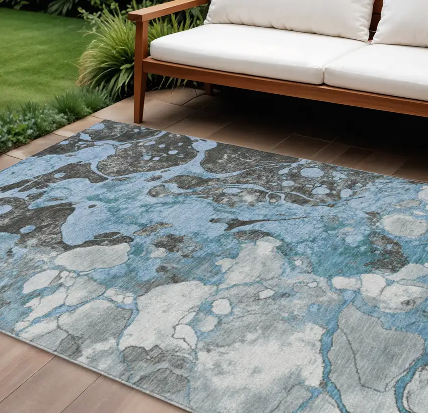 Blue And Charcoal Abstract Washable Indoor Outdoor Area Rug Photo 2