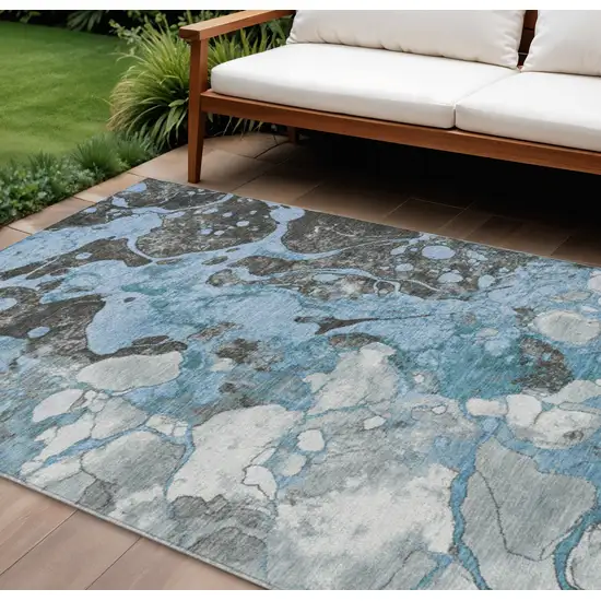 Blue And Charcoal Abstract Washable Indoor Outdoor Area Rug Photo 2