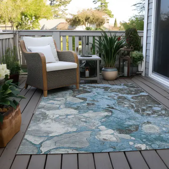 Blue And Charcoal Abstract Washable Indoor Outdoor Area Rug Photo 5