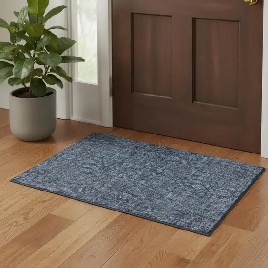 Blue And Charcoal Damask Washable Area Rug With UV Protection Photo 1