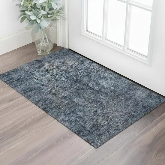 Blue And Charcoal Damask Washable Area Rug With UV Protection Photo 2