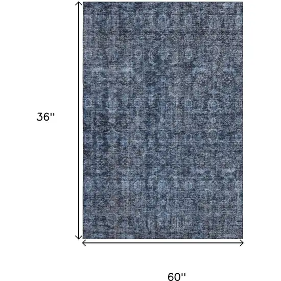 Blue And Charcoal Damask Washable Area Rug With UV Protection Photo 3