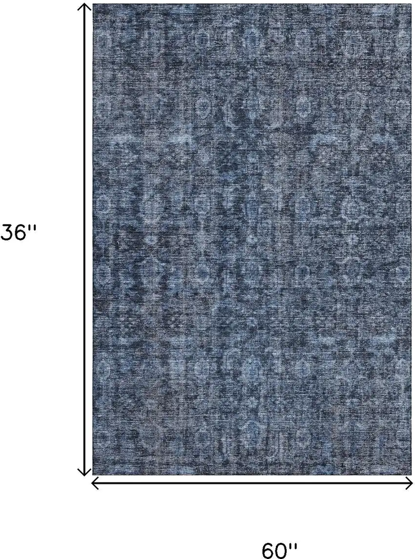 Blue And Charcoal Damask Washable Area Rug With UV Protection Photo 3