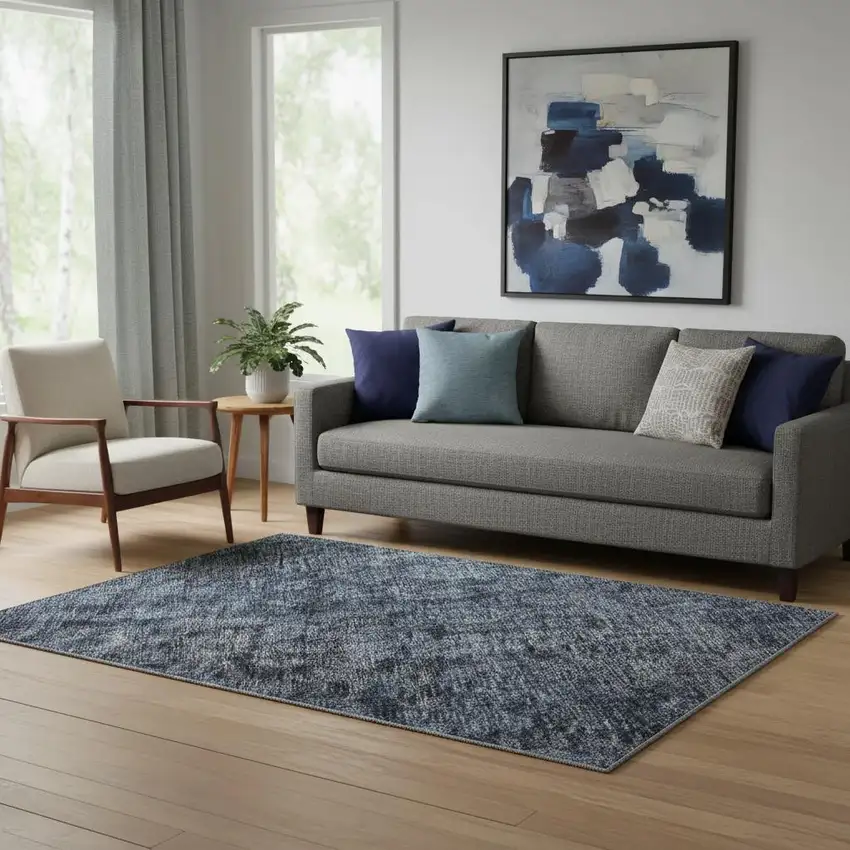 Blue And Charcoal Damask Washable Area Rug With UV Protection Photo 2